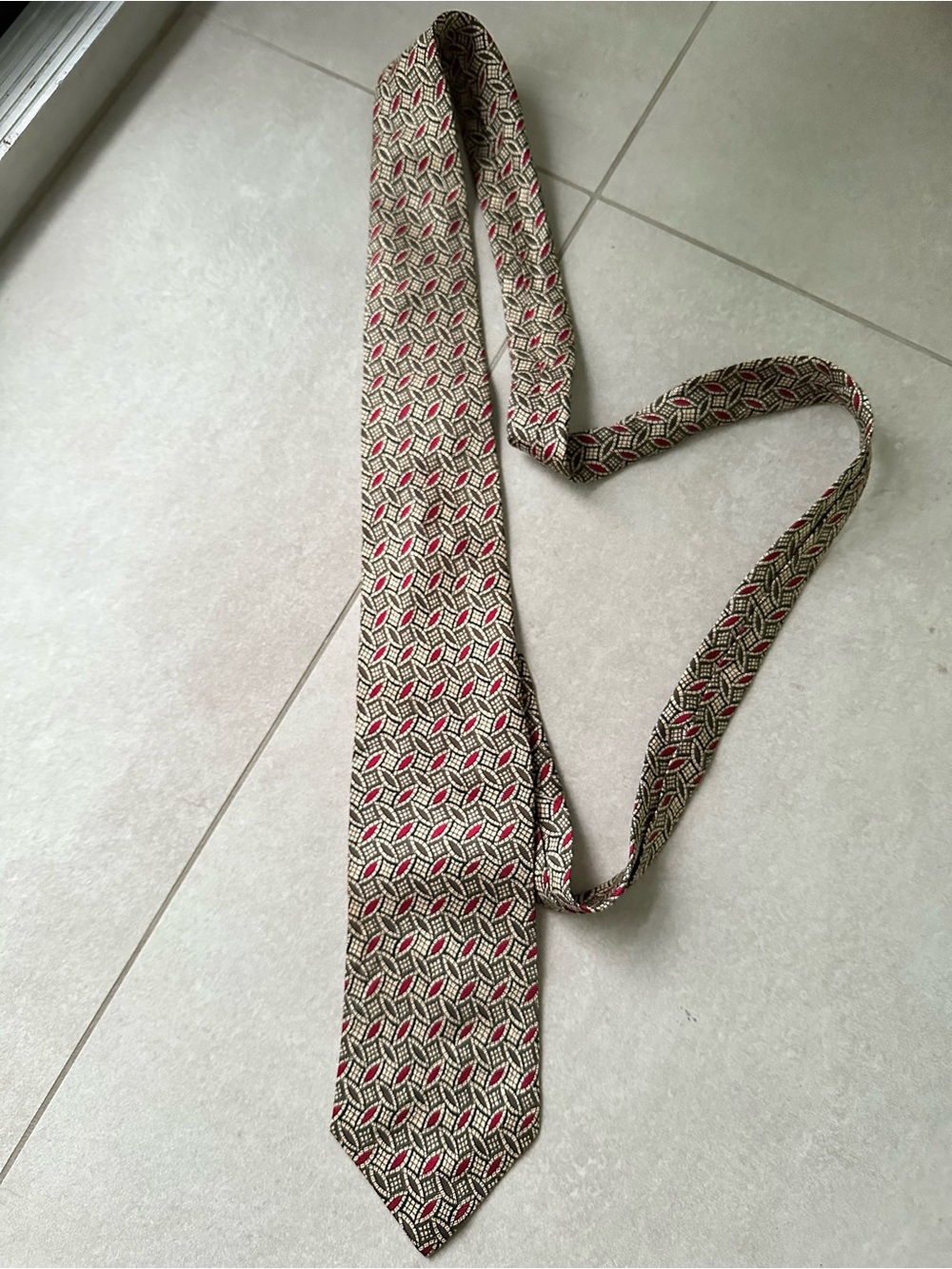 Ralph Lauren Beige Tie with Red and Black Geometric Motif